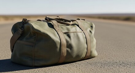 Olive Duffel Bag on Asphalt Road in Desert Landscape