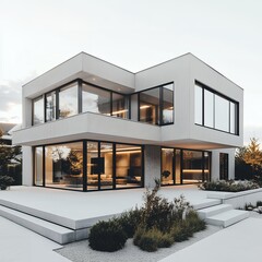 Ultra-Realistic Photo of Modern White House with Garden and Glass Doors