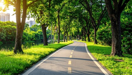 Obraz premium Winding path through park. Green trees frame route. Sunlight glints on grass. City skyline in the distance