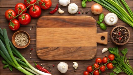 Top View of Wooden Cutting Board Surrounded by Fresh Vegetables and Spices on Rustic Kitchen Table
