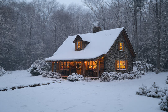 Snow-covered cabin nestled in pristine winter wilderness. - Powered by Adobe