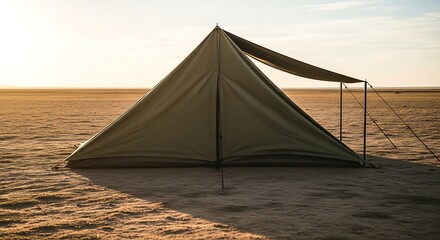 Olive Green Tent on Vast Sandy Plain Under Golden Sunset