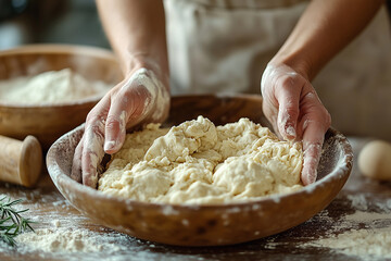 Dough. Baker's hands kneading dough 
