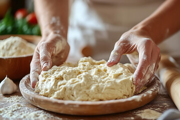Dough. Baker's hands kneading dough 