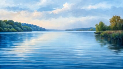 Peaceful landscape painting of a calm lake surrounded by lush trees under a blue sky with soft clouds