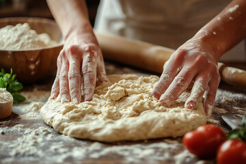Dough. Baker's hands kneading dough 