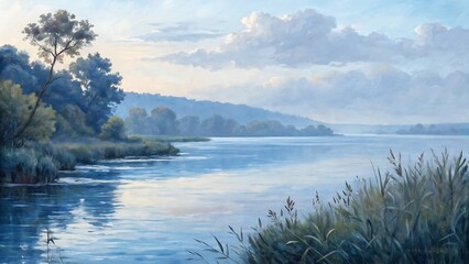 Peaceful landscape painting of a calm lake surrounded by lush trees under a blue sky with soft clouds