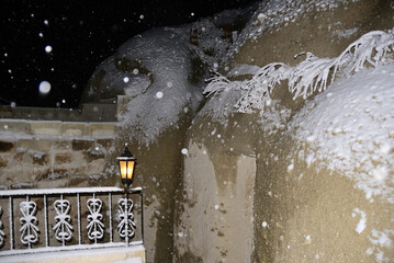 Winter night snowfall outdoor. Cappadocia, Turkey