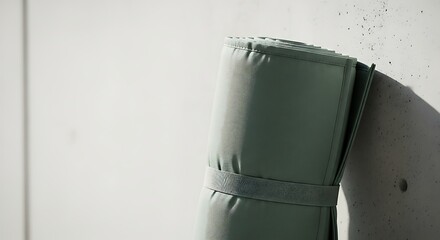 Rolled Yoga Mat Olive Green Against Concrete Wall Studio Shot