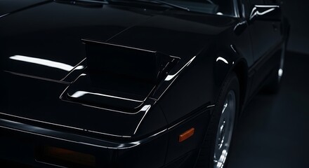 Shiny Black Car Exterior with Hidden Headlight, Detailed Automotive Design