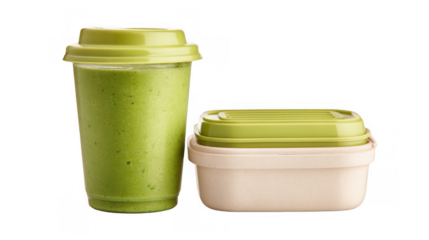 Promoting a healthy lifestyle with a vibrant green smoothie in a to go cup and a matching lunch box, set against a transparent background, perfect for health conscious individuals