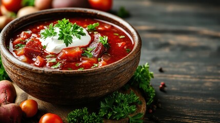 A hearty bowl of beetroot soup, garnished with fresh herbs and cream, beautifully presented on a wooden surface, conveying warmth, comfort, and culinary tradition.