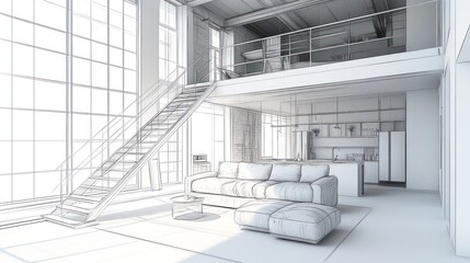 Obraz premium Architectural sketch of a loft-style apartment.