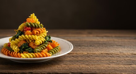 Italian fusilli pasta dinner: a delicious meal on a plate Tomato sauce, fresh basil, and the perfect pasta, making it a flavorful Italian food experience.