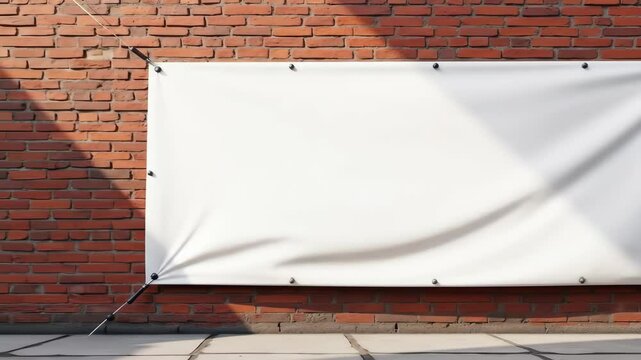 White banner hanging on brick wall with shadows in outdoor setting  