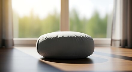 Simple Gray Meditation Cushion on Wooden Floor with Soft Natural Light