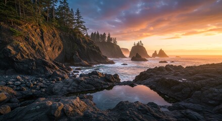 As the sun sets over the ocean, casting a fiery glow on the sky and clouds, waves crash on the rocky coast. The tide reveals stunning water reflections.