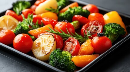 A vibrant mix of perfectly roasted vegetables, including tomatoes and broccoli, garnished with rosemary, embodies healthy eating and the beauty of fresh produce on a black tray.