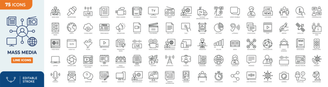 Mass Media icon set. Containing Mass media, journalism, news, TV show, program, report, video, interview, and more. Outline Icon Collection. Editable stroke. Vector illustration	