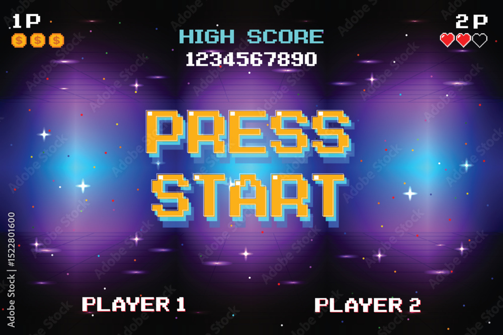 Aufkleber press start insert a coin to continue. pixel art. 8 bit game. retro game. for game assets .retro fut