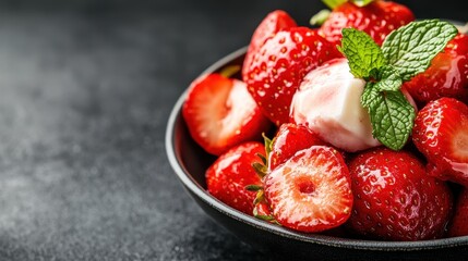 A beautiful bowl of fresh, juicy strawberries topped with a dollop of cream and mint, creating a refreshing and healthy dessert, ideal for summer gatherings and celebrations.