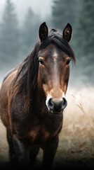 Obraz premium Close-up of a horse standing in a misty forest clearing during early morning hours