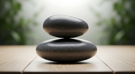 Stacked Smooth Gray Stones Balance on Light Wood in Serene Spa Setting