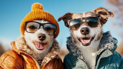 A pair of cheerful dogs sporting stylish sunglasses and cozy jackets, capturing a playful moment outdoors, reminding us of the joy of companionship and the happiness of pets.