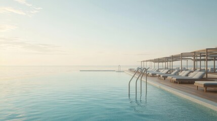 Obraz premium Tranquil infinity pool with lounge deck at dawn.