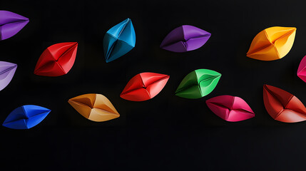 A scattering of brightly colored, stylized geometric shapes, resembling abstract lips or folded paper, are arranged across a dark, plain background.