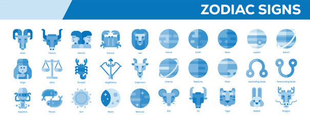 Zodiac Signs Icon Set – Flat Blue Tone Symbols