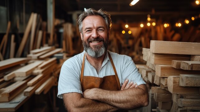 A skilled carpenter with a warm smile stands confidently amidst wood pieces and tools in a workshop, embodying craftsmanship and dedication to creating fine wooden projects.