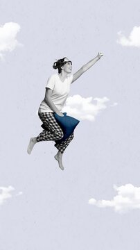 3d sketch motion trend collage video of happy girl sleepwalker fly pillow night