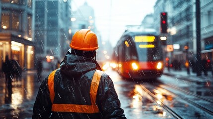 A dramatic urban scene capturing a worker in a bright orange helmet standing in the rain, waiting for a tram, illustrating the energy and hustle of city life.