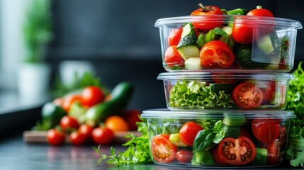 This image showcases organized stacks of fresh vegetables in clear containers, promoting healthy eating and meal prep, perfect for health enthusiasts and culinary creatives alike.