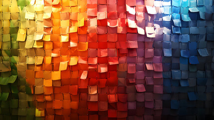 A large wall is covered with an overlapping mosaic of small, square fabric pieces, creating a vibrant gradient of colors