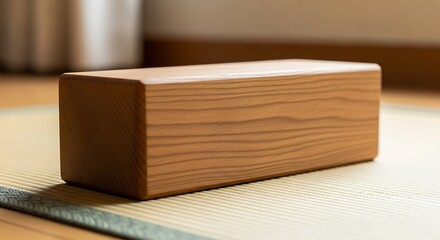Wooden Block on Straw Mat, Natural Cedar Texture, Neutral Tones, Relaxing Still Life