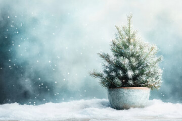 Small Christmas tree in pot on table.