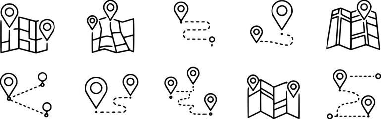 vector set of Route Optimization line icon, Route icon between two points with dotted path and location pin. Route location icon
