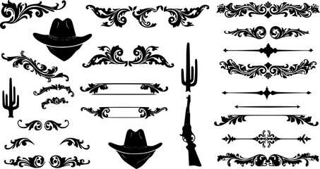 A large collection of old western design elements, embellishment, borders and divider lines.
