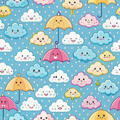 Cute clouds and umbrellas in a rain pattern