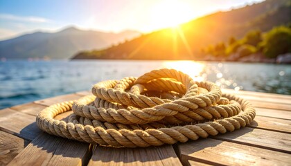 Close-up of braided jute rope resting on a wooden dock by the sea, with subtle sun flare 
