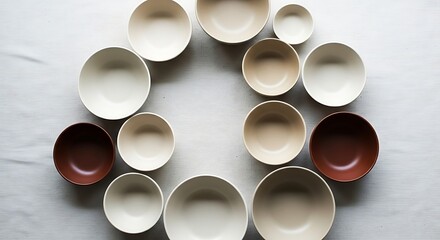 Beige and Brown Bowls Arranged in Circle on Textured White Surface