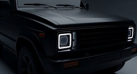 Black Automotive Car Front View with Bright Headlights on Dark Background