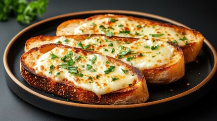 Three slices of toasted bread topped with melted cheese and fresh herbs are served on a round plate, embodying a warm and inviting comfort-food aesthetic.