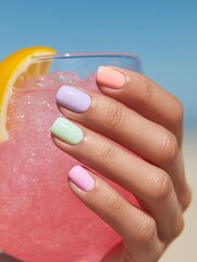 Close-up of manicured hand with pastel nails and drink