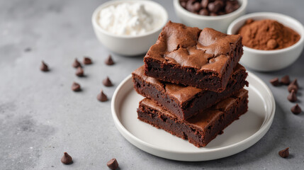Delicious brownies stacked on plate, surrounded by chocolate chips, whipped cream, and cocoa powder, creating tempting dessert scene