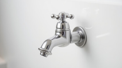 Shiny chrome faucet with classic design, mounted on white wall, adds elegance to any bathroom or kitchen space