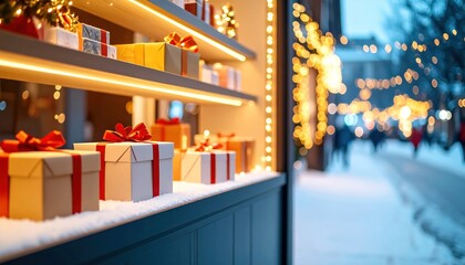 Festive gifts on shelves inside a store, lights and snow outside