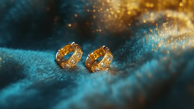 Elegant gold hoop earrings adorned with sparkling gems resting on a luxurious blue and gold fabric backdrop